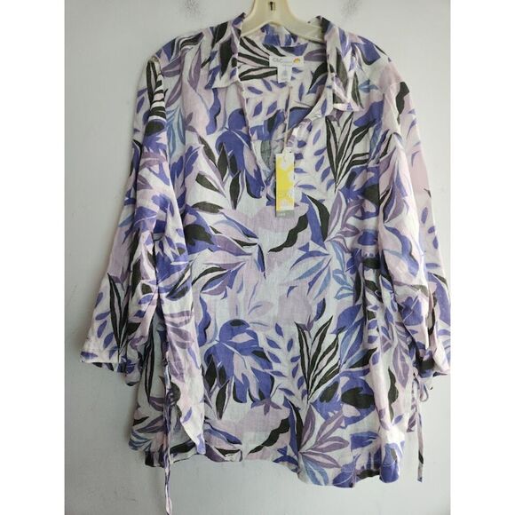 NWT C&C California Lavender Purple Print 100% Linen Pop Over Blouse size 3X - Picture 3 of 12